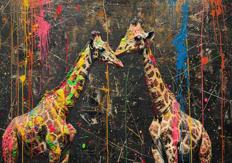 A Pair of giraffes in a splatterd art form