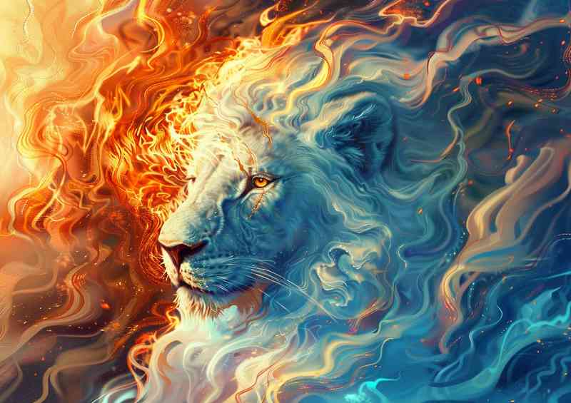 A White Lion heas surrounded by coloured flames