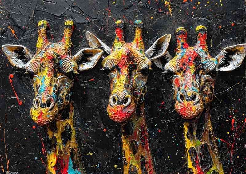 A colourful set of giraffe heads splashed art