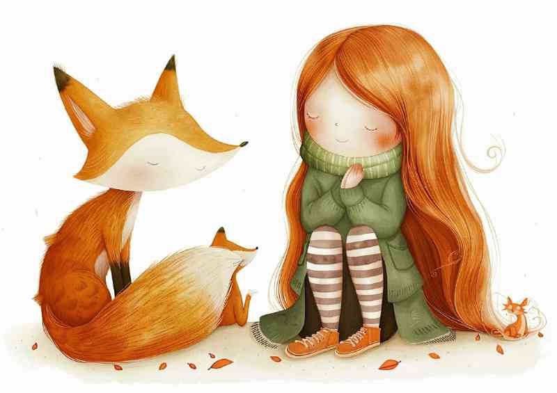 A girl with long red hair and the fox