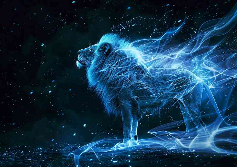 A lion standing on a black background with blue light | Metal Poster