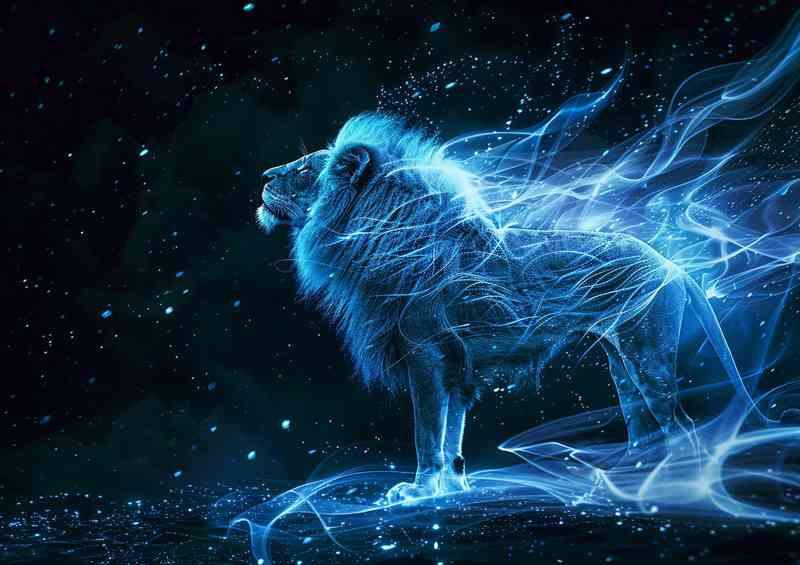 A lion standing on a black background with blue light