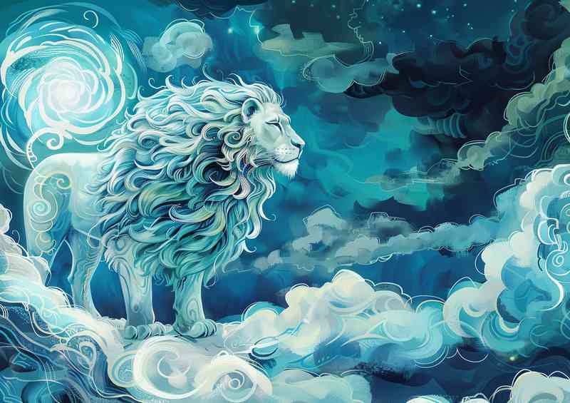 A lion standing on the moon with clouds