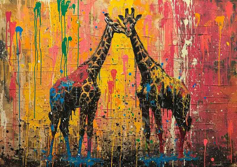 A pair of giraffes with splashed art
