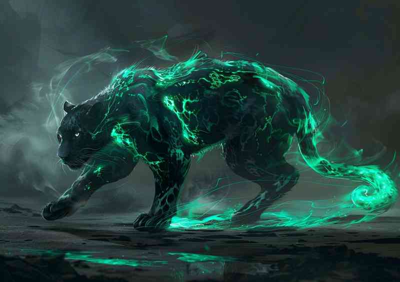 A panther with green light on its back