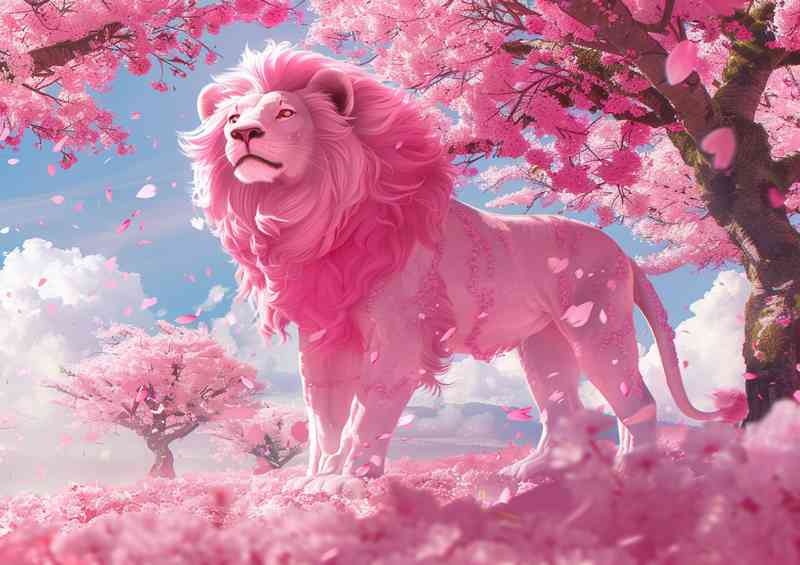 A pink Lion standing under the cherry trees