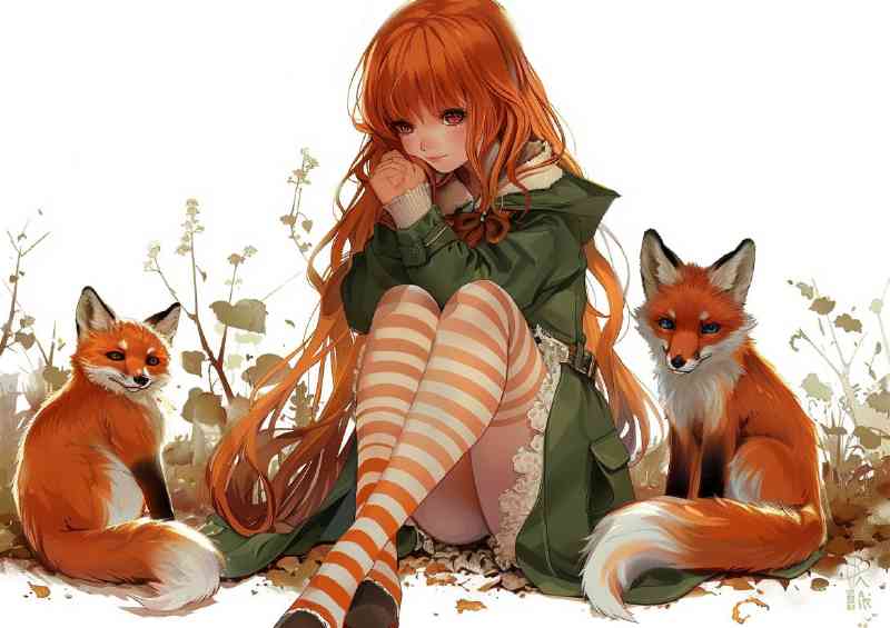 A red haired girl with long hair sits on the ground