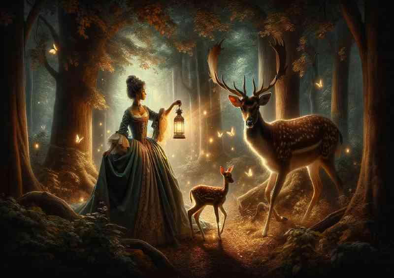 A young girl in a dress holding a lantern in a mystical forest