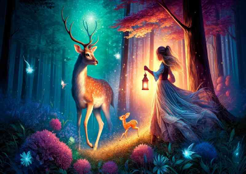 A young girl with a lantern encountering a deer and its fawn