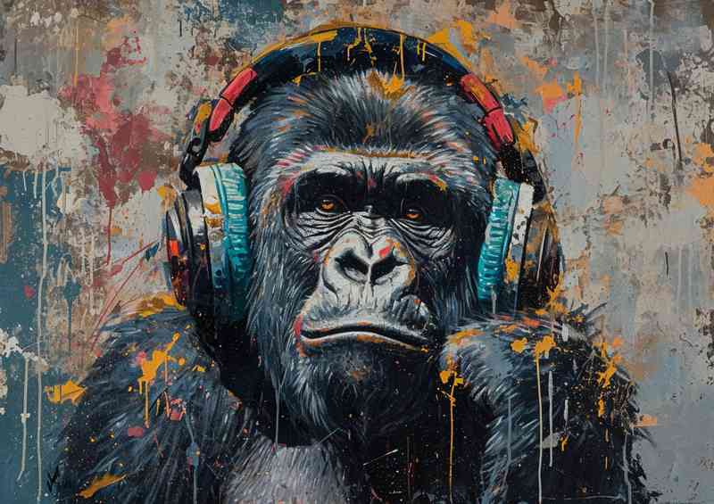 Abstract painting of a gorilla headphones and pain with splash art