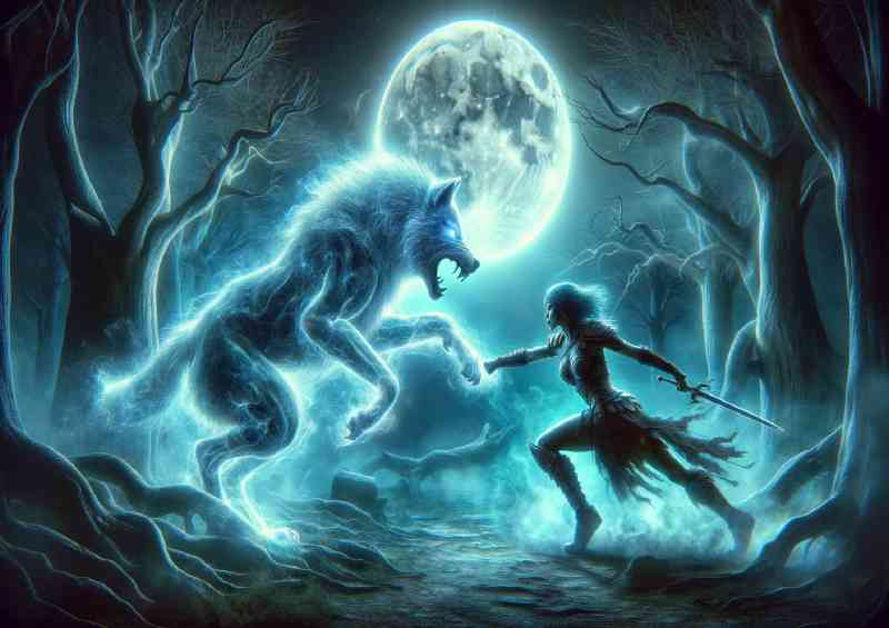 Amazon warrior clashing with a spectral wolf