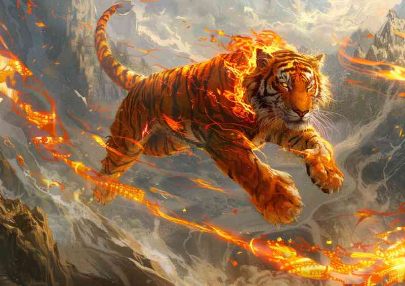 Anthropomorphic red Tiger with fiery patterns leap