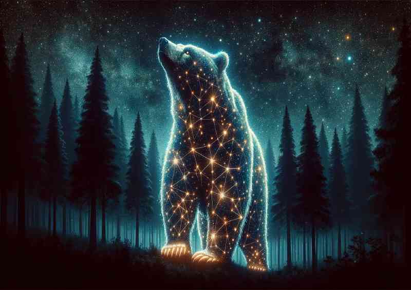 Bear made of constellation patterns standing in a mystical forest at night