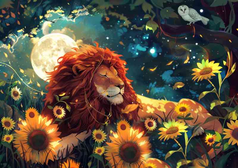 Beautiful Lion lies in the forest surrounded by sun