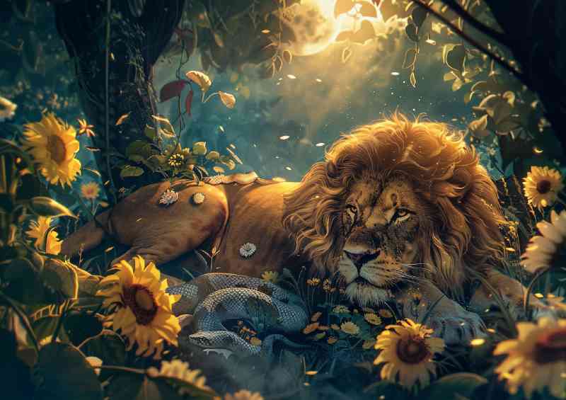 Beautiful Lion with golden fur resting In the forest