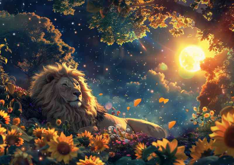 Beautiful sun moon and stars in the sky with Lion