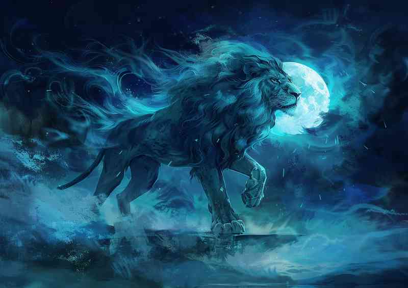 Big Lion standing with the moon in blue