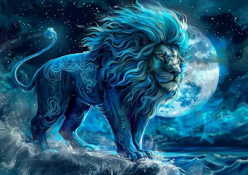 Big lion standing in the night against the moon