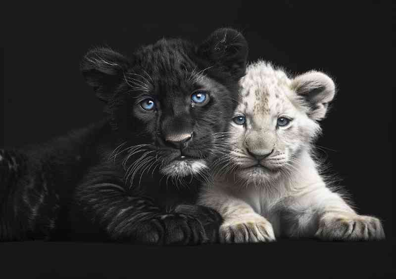 Black Panther and white Lion cub black and gray fur