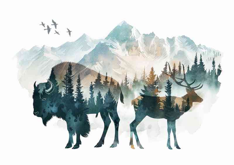 Buffalo and stag on the mountains