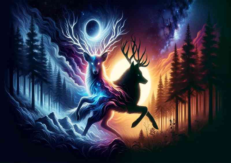 Celestial Deer and a shadow wolf their forms interwoven