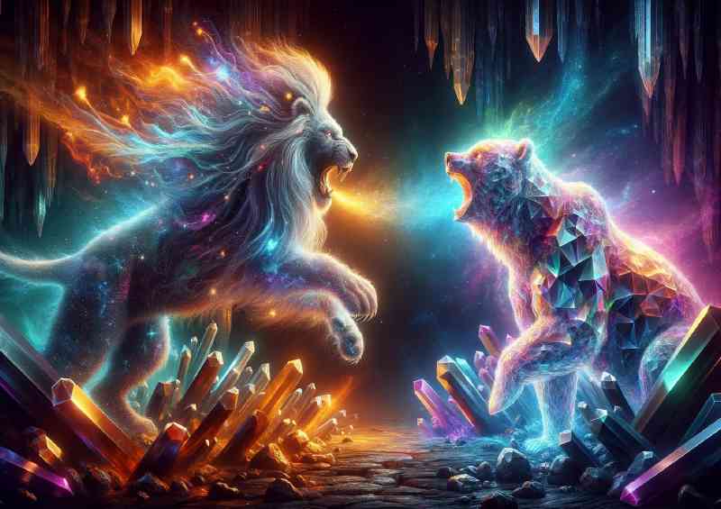 Clash between a spectral Lion with a mane of stars and a crystal Bear