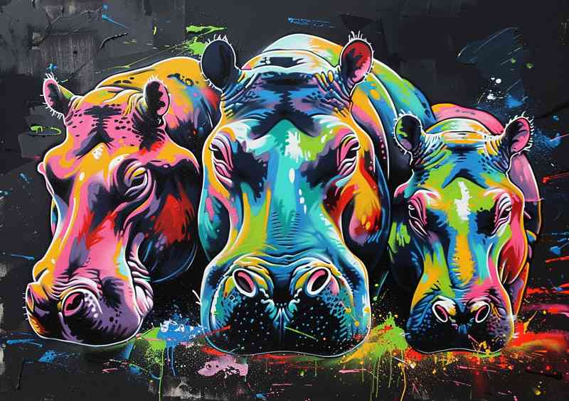 Colorful hippopotamus family graffiti