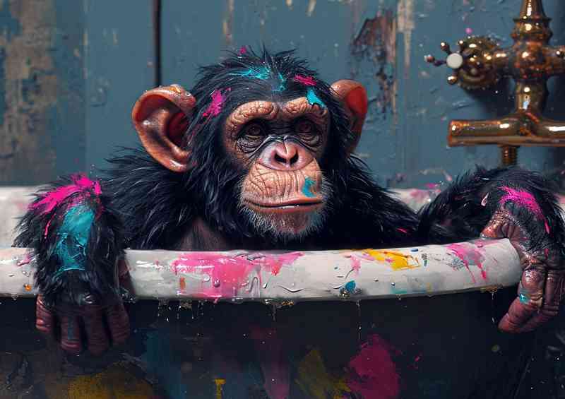 Colorful paint splattered monkey is sitting in the bath