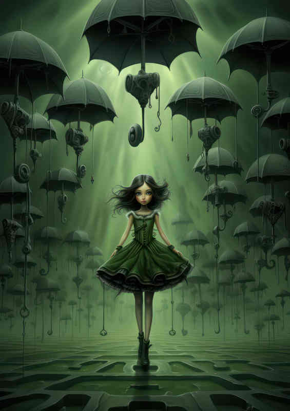 Lirl in green dress surrounded by umberellas art style