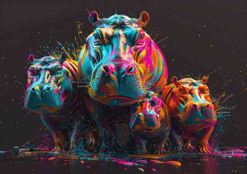 Colorful splash art of a hippo family