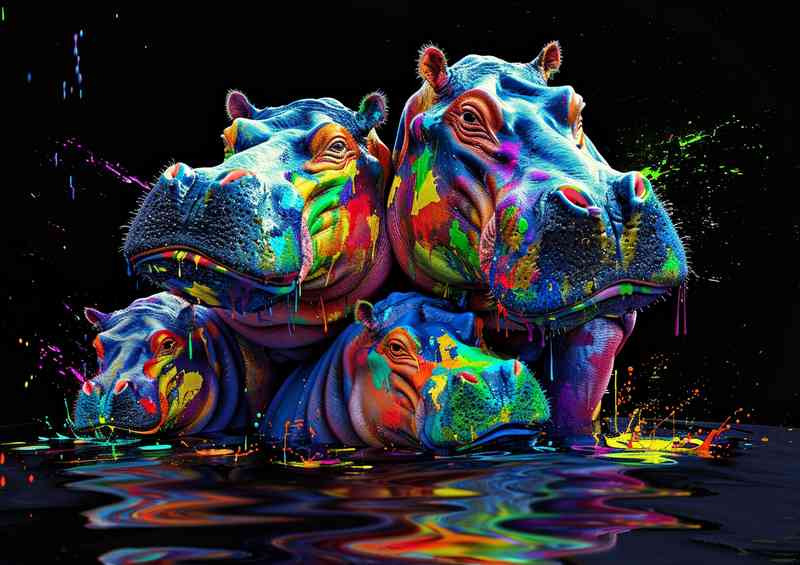 Colorful splash hippo family In water