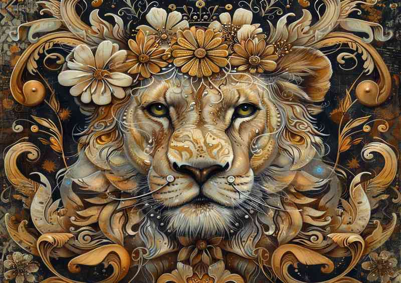 Details of a Lion with a flowery crown