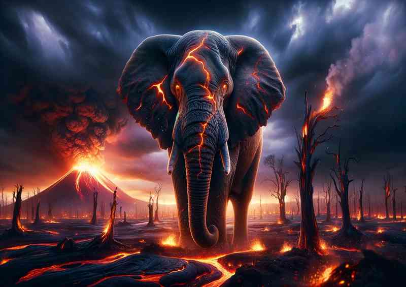 Elephant its thick skin etched with glowing fissures of lava