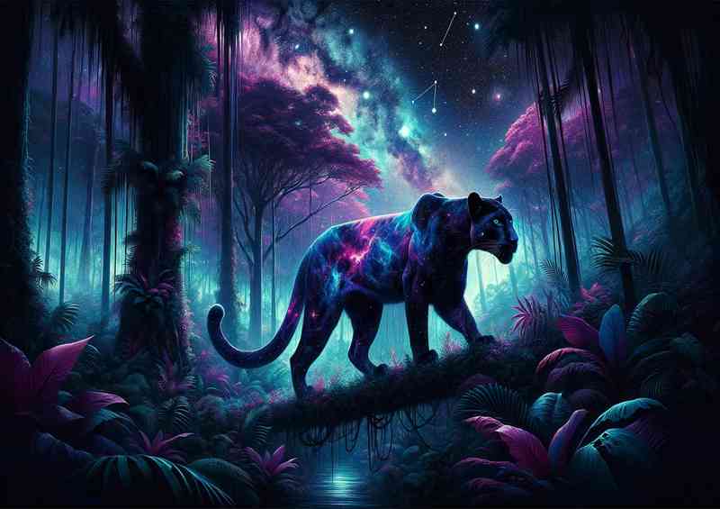 Enigmatic Panther its coat a living canvas of vibrant cosmic purples and blues