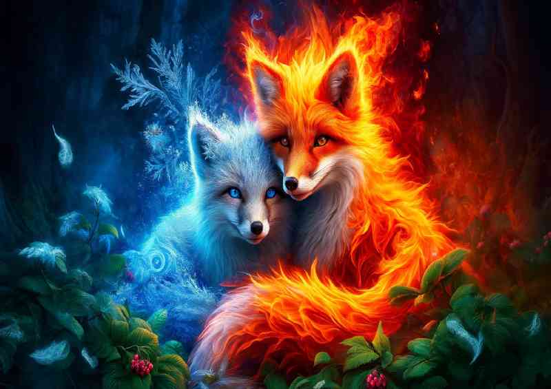 Foxes one ablaze with fiery colors and the other cloaked in icy blues