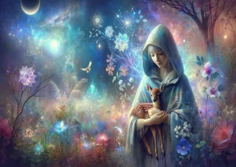 Gentle smile soft blue cloak holding a small fawn
