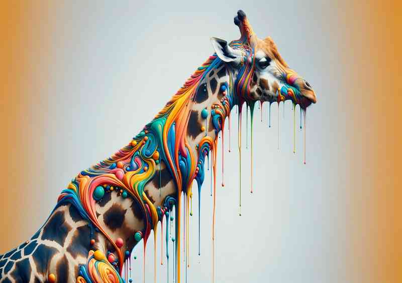Giraffe with colorful dripping patterns along its long neck