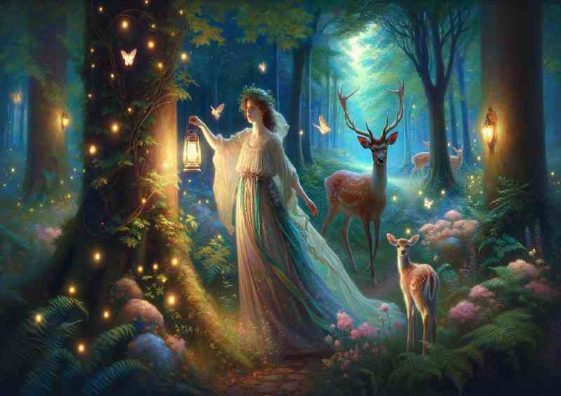 Girl in a flowing dress holding a lantern with deers in woodland | Metal Poster