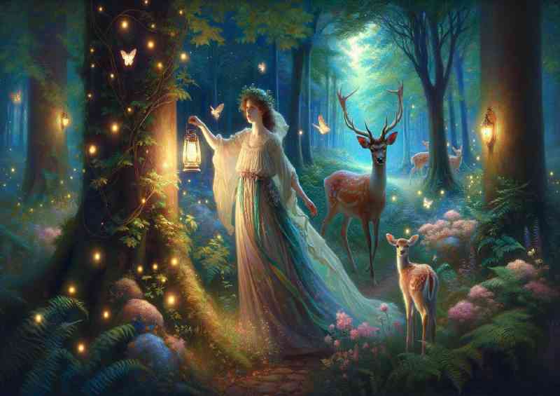 Girl in a flowing dress holding a lantern with deers in woodland