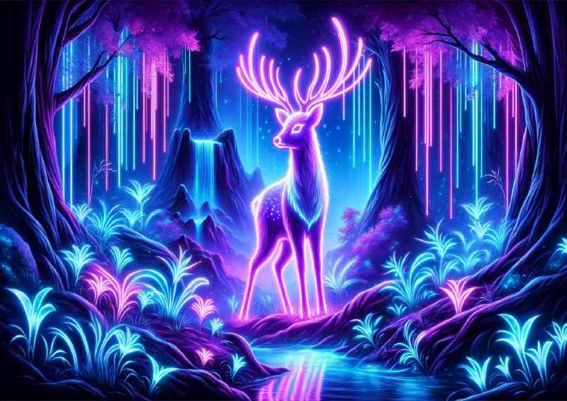 Glowing neon Deer its antlers radiating a soft purple light