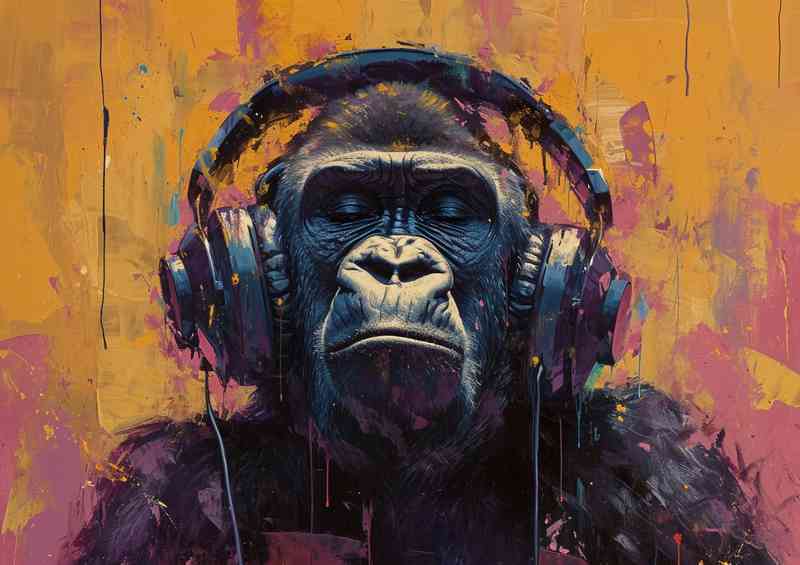 Gorrila with headphones on