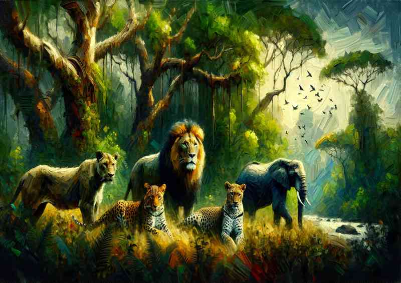 Group of wild animals in a lush forest setting
