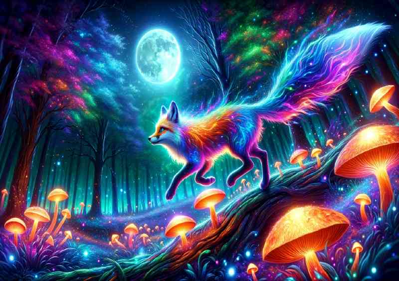 Iridescent neon Fox its fur shimmering with a spectrum of colors