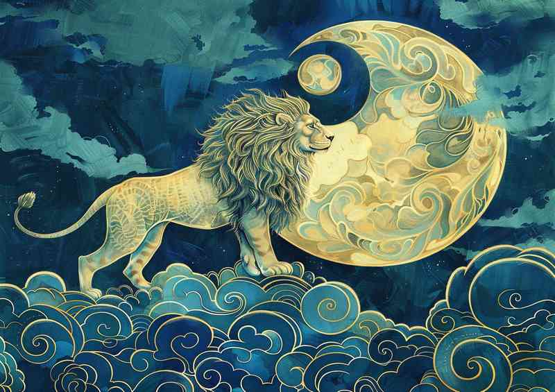 Lion Standing with swirls and moon