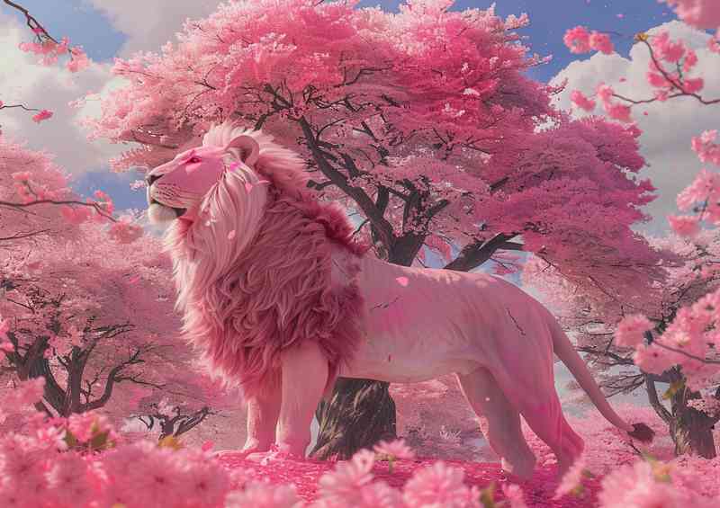 Lion Stood tall under the pink cherry trees