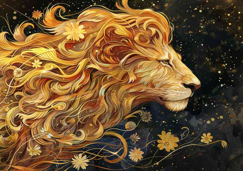Lion head with a curly main at night