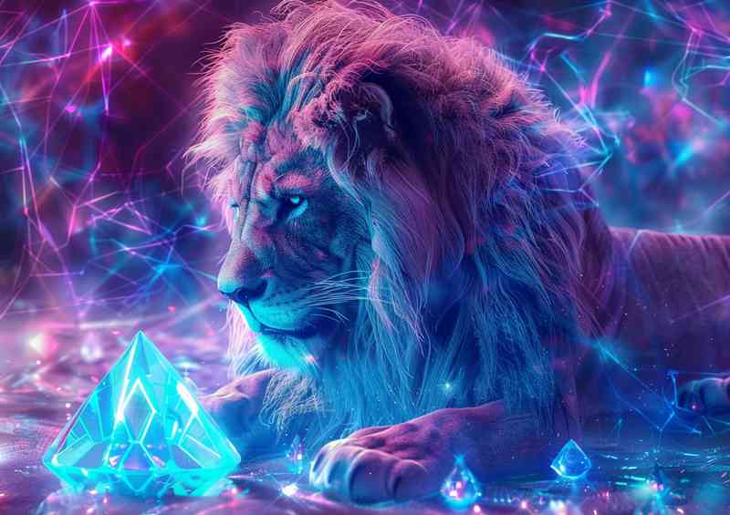 Lion is sitting in front of a diamond