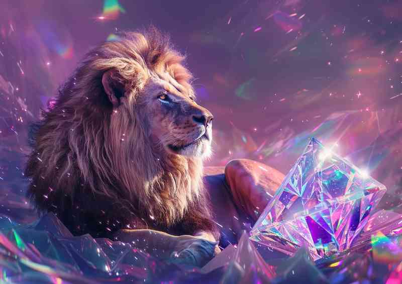 Lion sitting next to the diamond