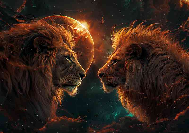 Lions and a sun in the style of fantasy worlds