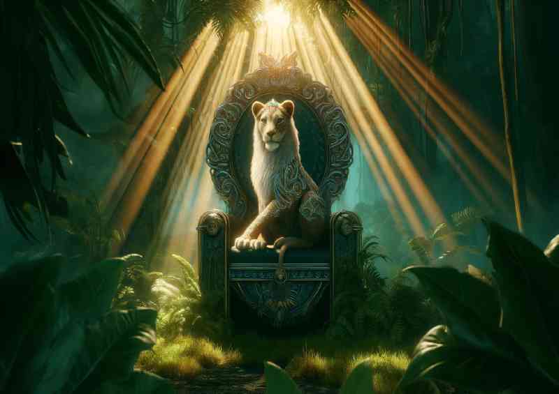 Majestic Lioness queen seated on an ornate jade throne